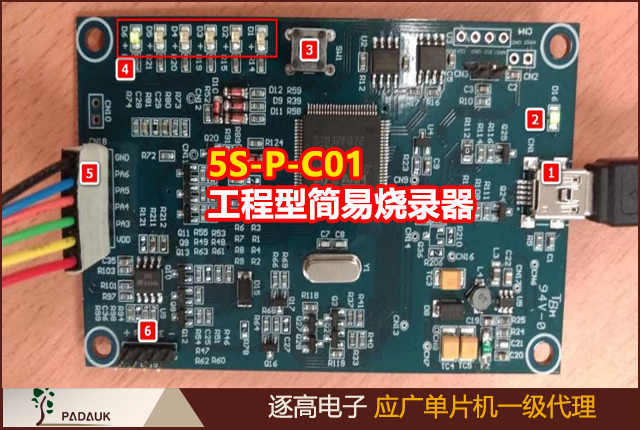 應廣單片機5S-P-C01工程型簡易燒錄器,LED 燈組：共六顆，右至左對應 VDD，PA3，PA4，PA5，PA6 和 GND 燒錄接線是否正常